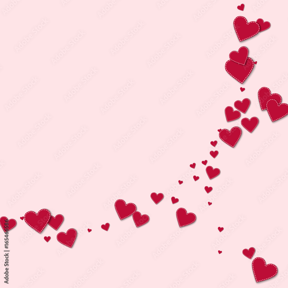 Red stitched paper hearts. Abstract crescents on light pink background. Vector illustration.