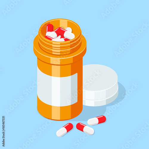 Pill bottle. Medical capsules container.