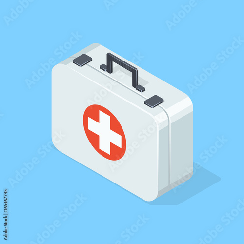First aid kit on blue background.
