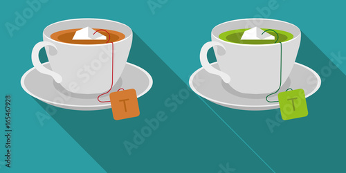 Vector image of a set of a cup of black tea and a cup of green tea.