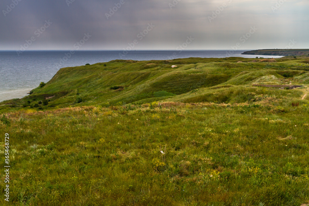 Coast of Olbia, Ukraine. Sea, grass, meadow, antiquity.