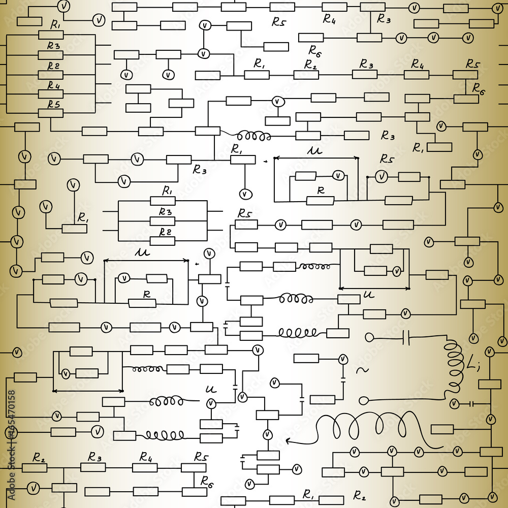 Physics vector seamless endless texture with alternating current circuit schemes, handwritten on grey old paper, scientific research background Physics vector seamless endless texture with alternating current circuit schemes, handwritten on grey old paper, scientific research background