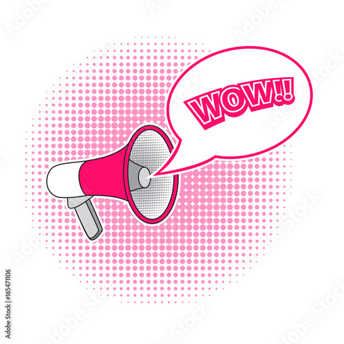 Wow! Megaphone and speech bubble vector illustration, isolated on white background.