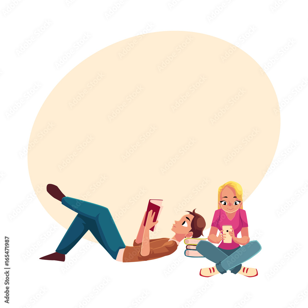 Boy, man reading book lying and woman, girl using mobile phone siting crossed legs on the floor, cartoon vector illustration with space for text. Man and woman reading book, using smartphone