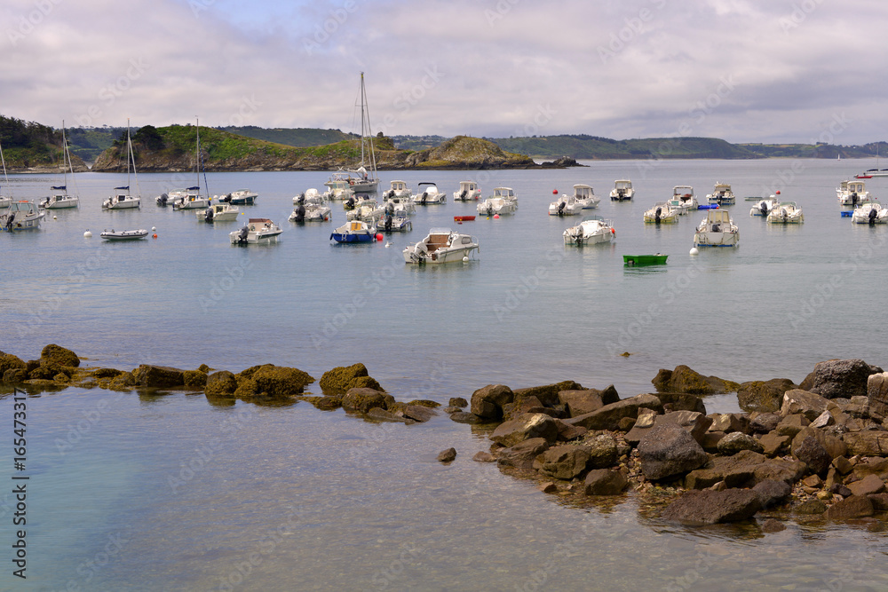 Port at low tide and rocks of Erquy, a commune in the Côtes-d'Armor department of Brittany in northwestern France on the côte de Penthièvre.