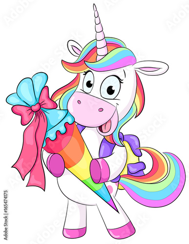 Niedliches Einhorn mit Schultüte Vektor-Illustration