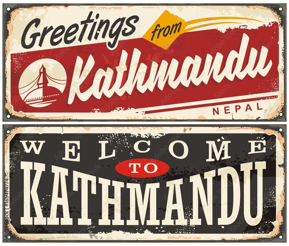 Plakat Pozdrowienia z Katmandu i Witamy w Kathmandu, retro blaszane tabliczki z popularnym celem podróży w Nepalu