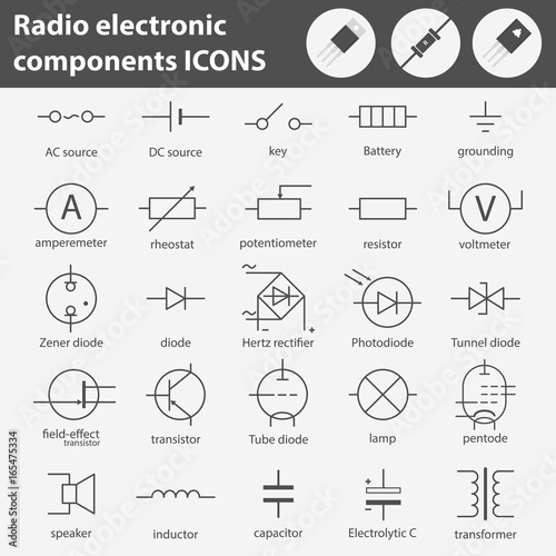 Electronic components line gray icons set of 20