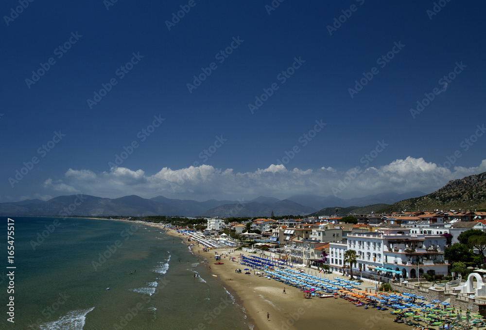 View from a height  Sperlonga with white sand beach and blue sea, Latina Province in southern Lazio.Italy.