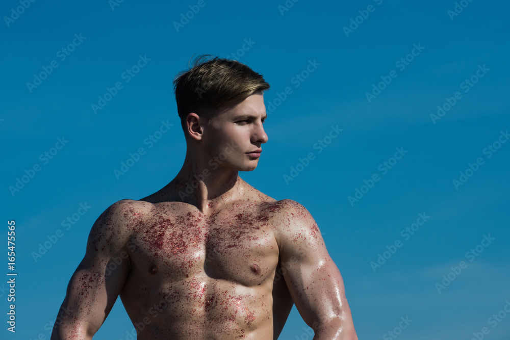 Fototapeta premium Man with muscular wet body.