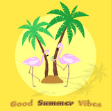 Summertime. Good vibes only with flamingos, palms and a cocktail in trendy pineapple colors.