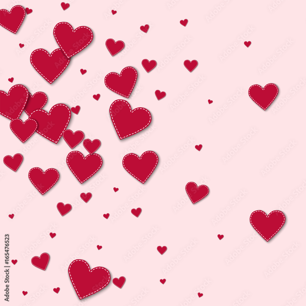 Red stitched paper hearts. Left gradient on light pink background. Vector illustration.