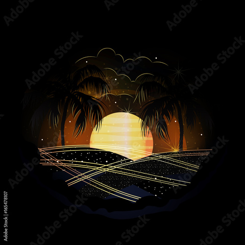 Background (backdrop), night beach - ocean, sunset (sunrise), palms and stars. Gold on black. Vector illustration