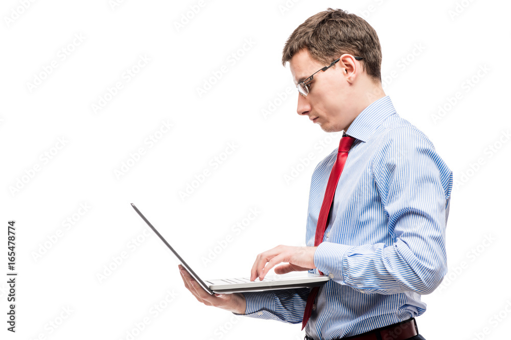 Chief accountant with laptop and space left on white background Chief accountant with laptop and space left on white background