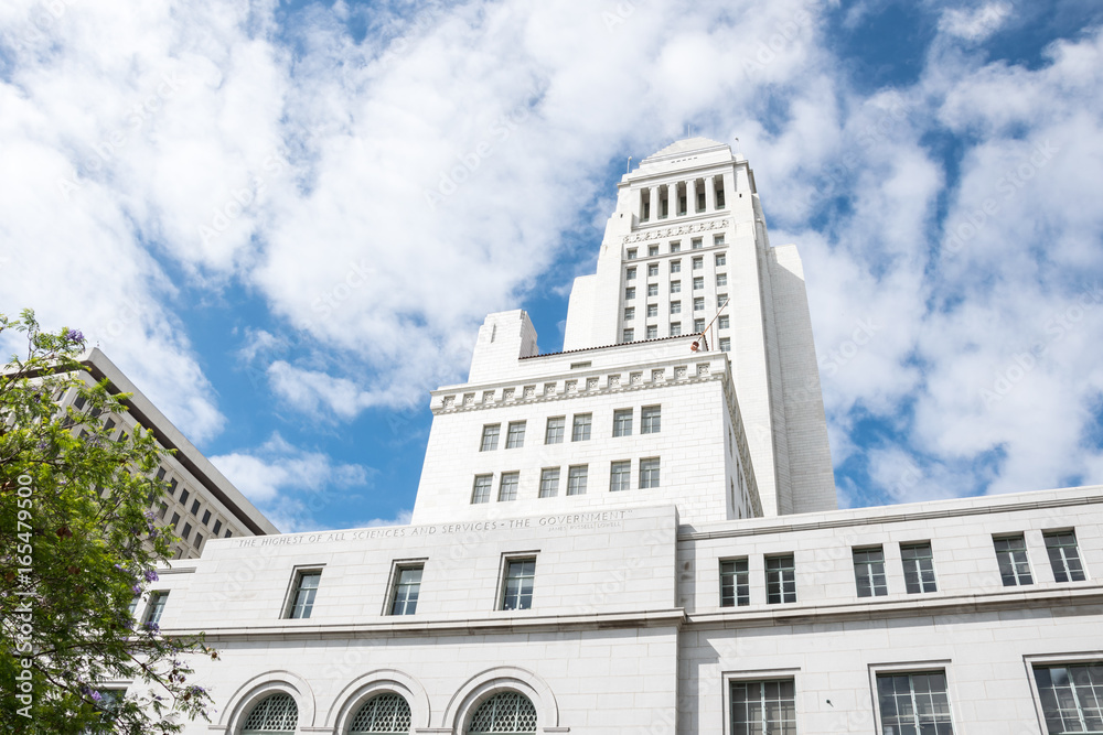 Majestic City Hall tower in Los Angeles against the backdrop of a bright blue sky Majestic City Hall tower in Los Angeles against the backdrop of a bright blue sky