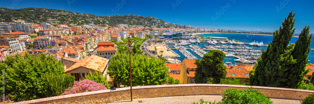 Coastline view on french riviera with yachts in Cannes city center, France, Europe