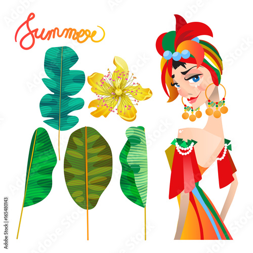 Summer poster (card/background/print). Beautiful cuban character (woman) in national dress and turban. Sky blue background and banana leaves. Vibrant colors. Summer lettering