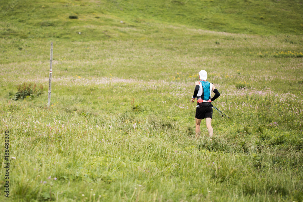ultra race runner with poles and backpack running alone on mountain alpine meadow trail ultra race runner with poles and backpack running alone on mountain alpine meadow trail