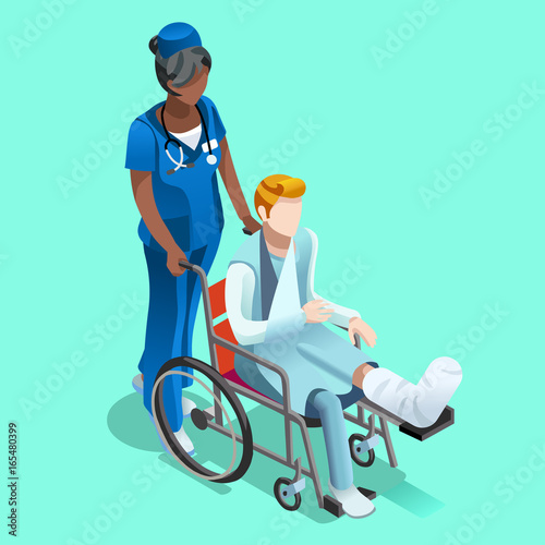 Medical staff isometric people senior black female nurse and patient in wheelchair vector design