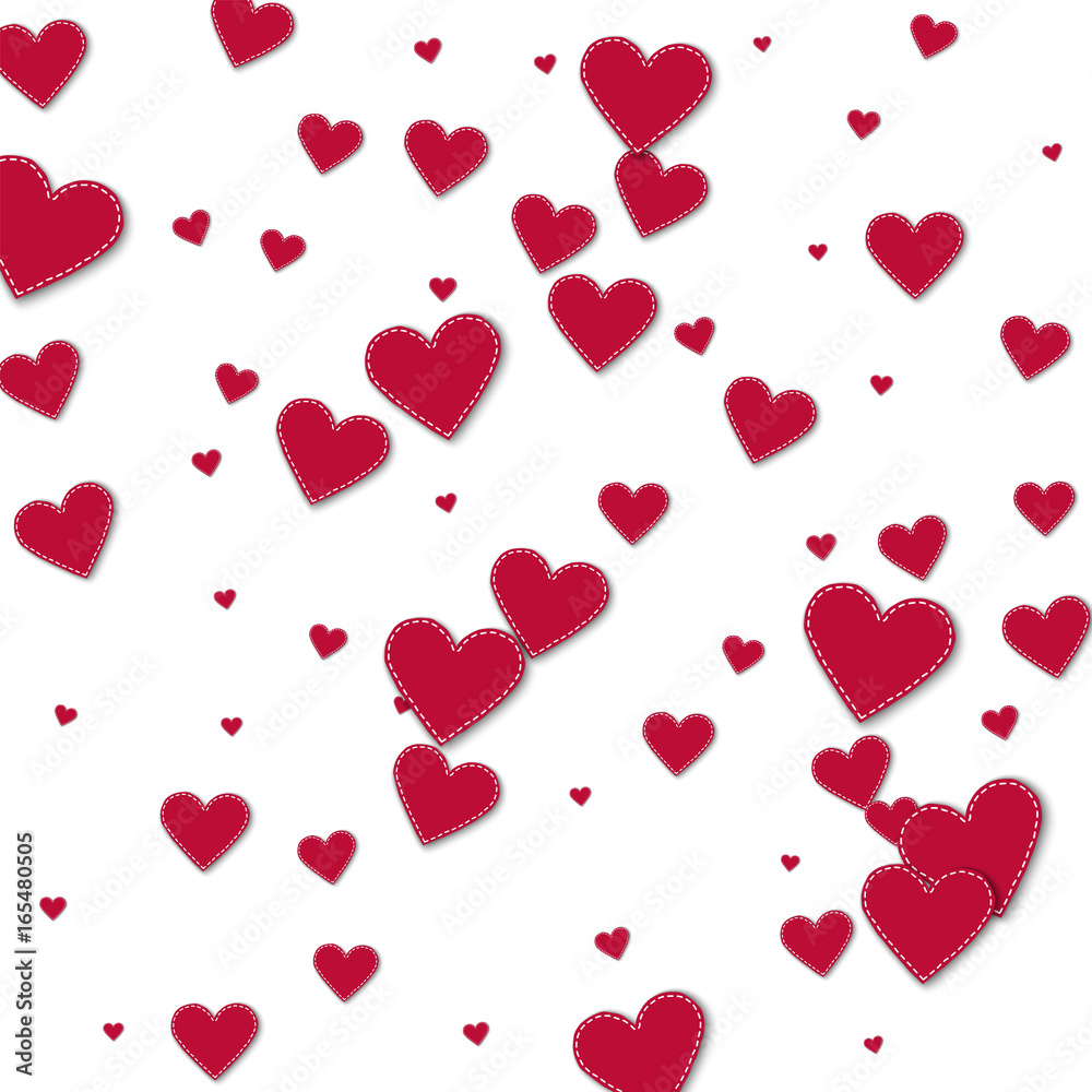 Red stitched paper hearts. Scatter vertical lines with red stitched paper hearts on white background. Vector illustration.