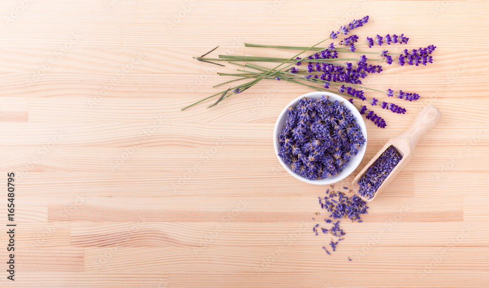 Fototapeta premium lavender flowers / Porcelain bowl with dried lavender flowers and bouquet with lavender