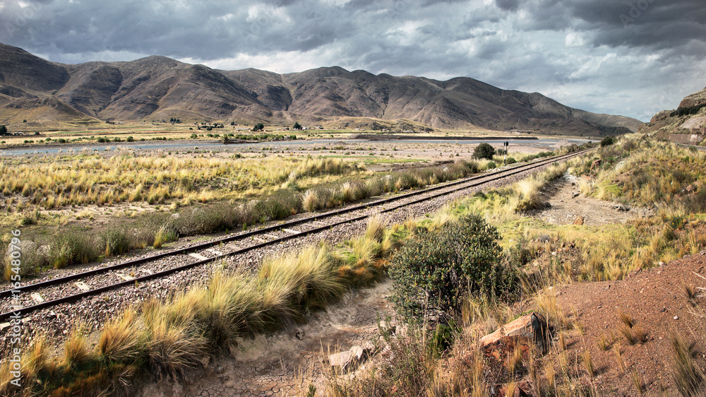A railway track leading through the dry landscape of southern Peru, Puno departement