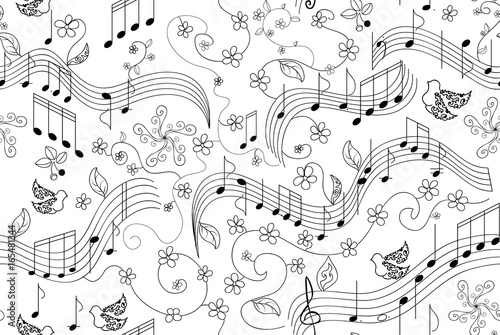 Beautiful art vector seamless pattern with handwritten musical notes and singing birds. You can use any color of background