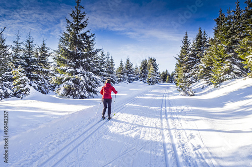 Frau beim Langlaufen in Winterlandschaft