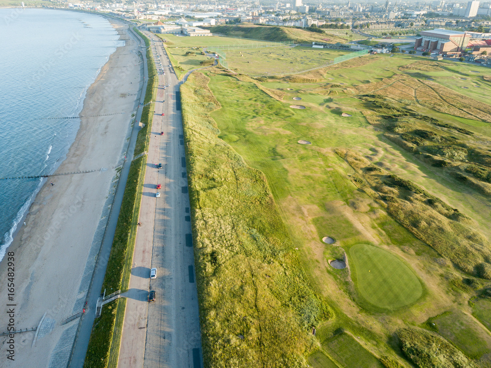View from above of road seafront beach golf Aberdeen Scotland UK
