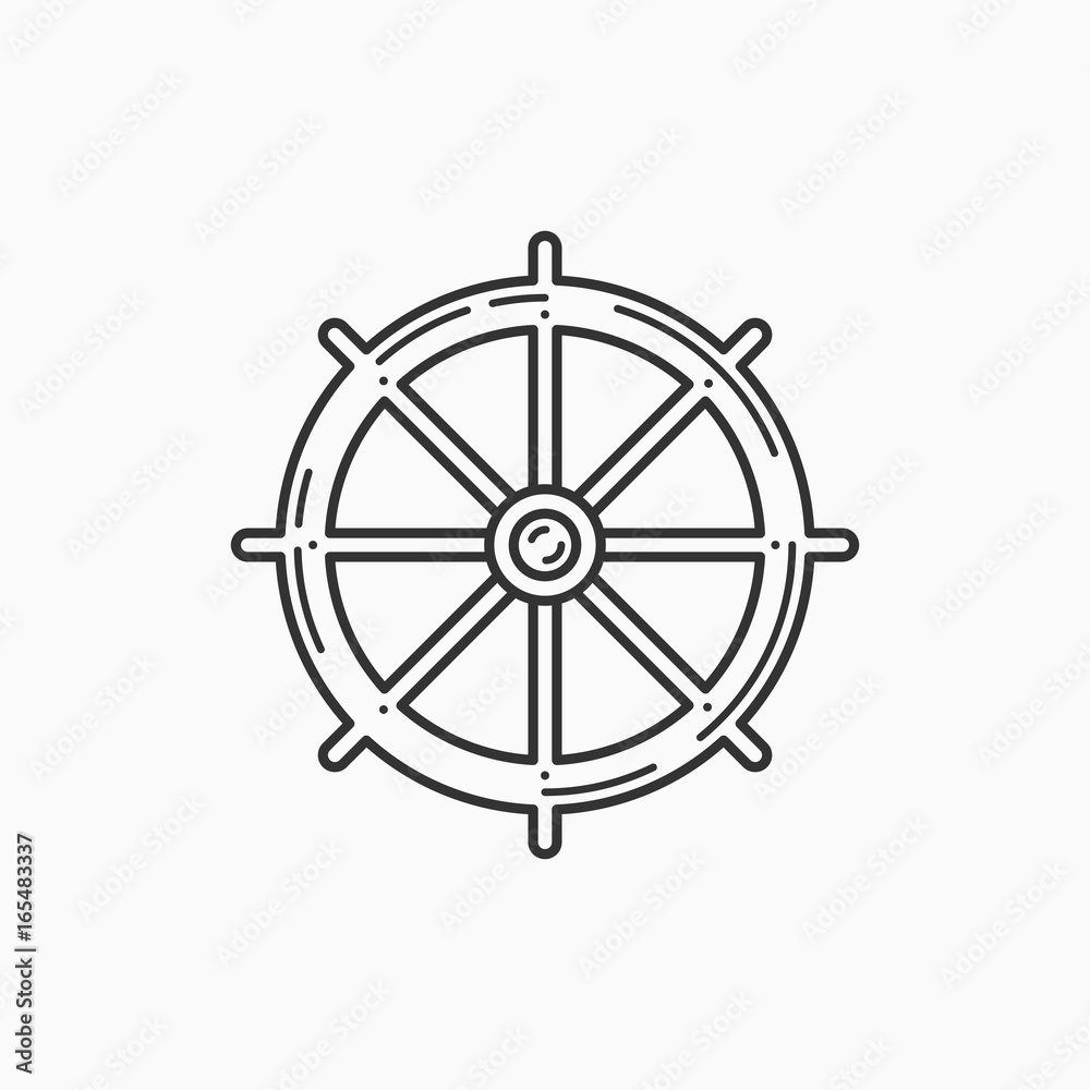 Image of ship steering wheel on white background. Linear image.