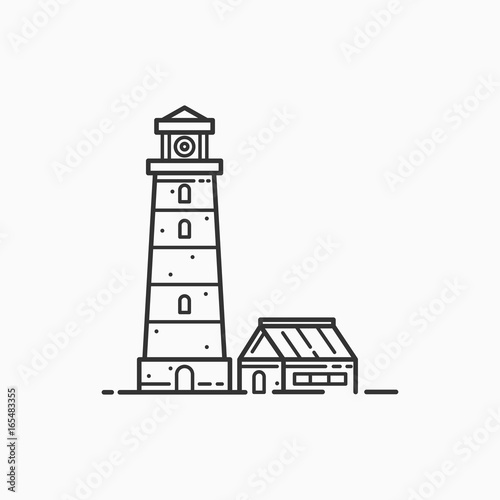 Image of lighthouse on light background. Sea beacon for security and navigation. Linear picture. © KOSIM