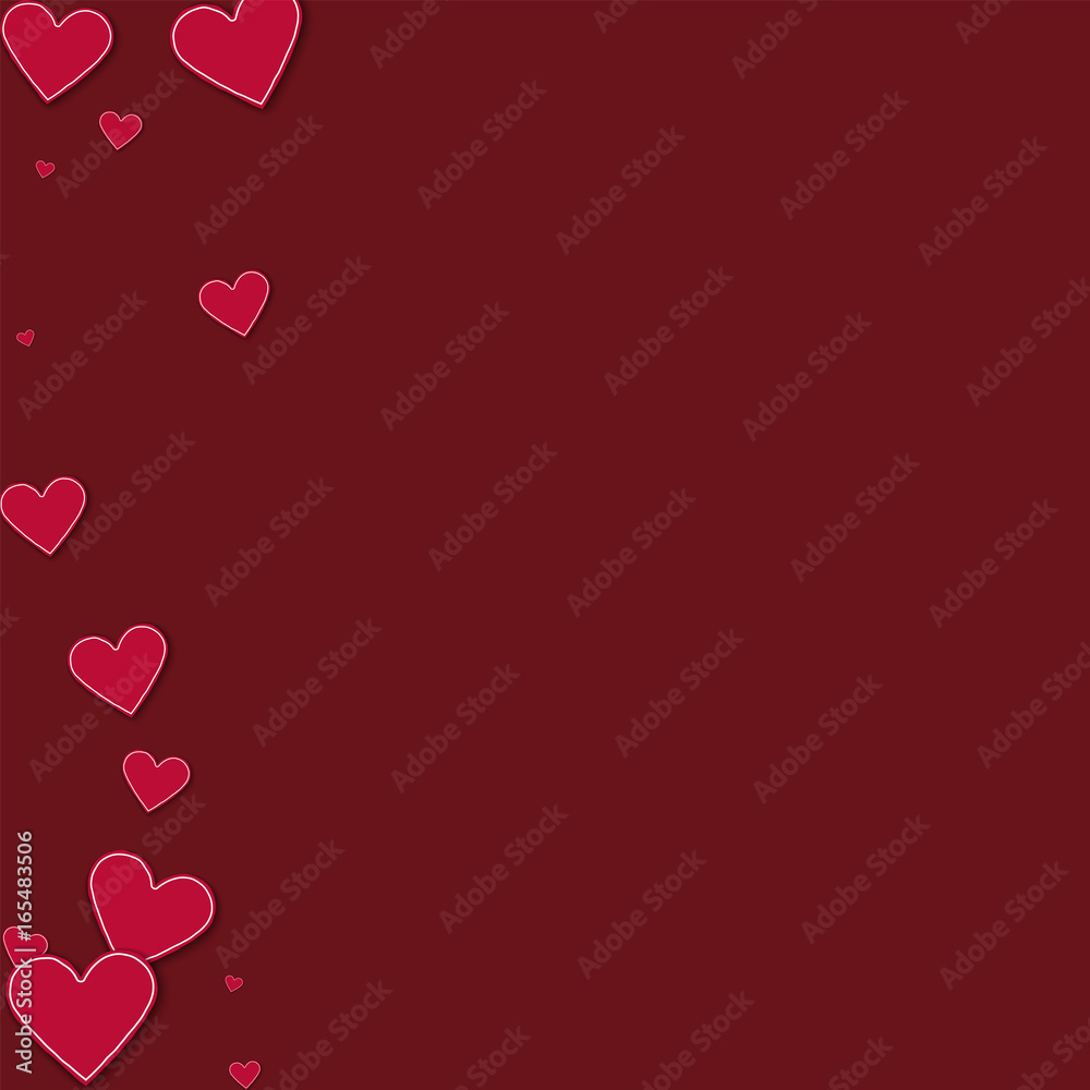 Cutout red paper hearts. Abstract left border on wine red background. Vector illustration.