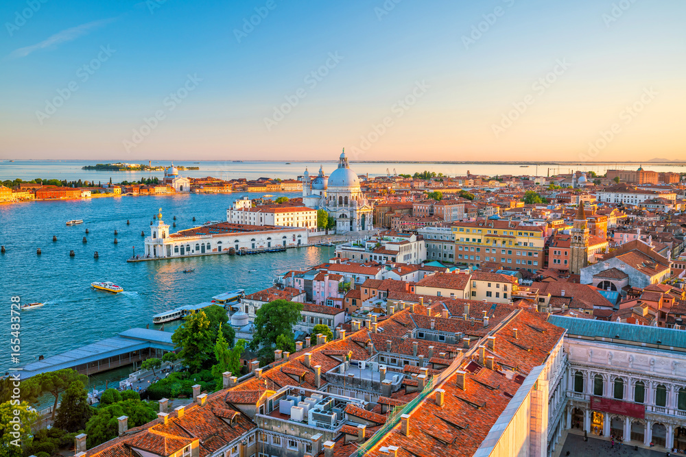 Fototapeta premium Top view of old town Vanice at sunset