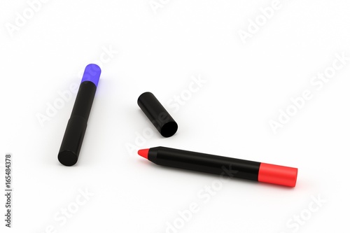 3D render of two pencils, red and blue color in a black case. Isolated on a white background.
