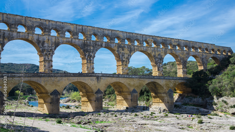     Pont du Gard, aqueduct, panorama with the Gardon river 