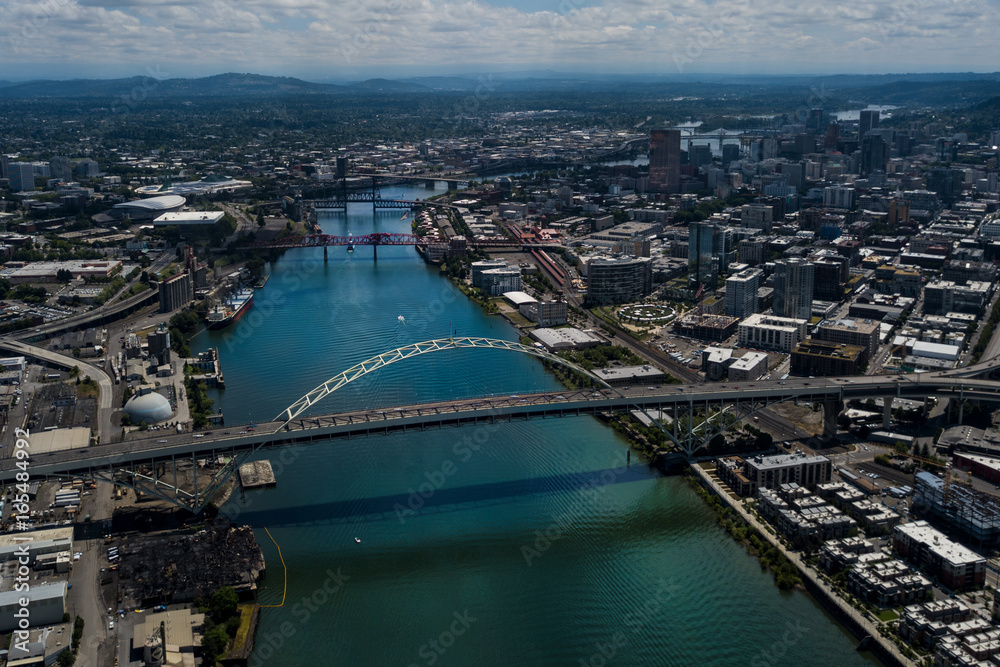 Fototapeta premium Drone shot of downtown Portland and the Fremont Bridge