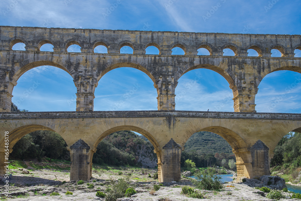     Pont du Gard, aqueduct, view with the Gardon river 