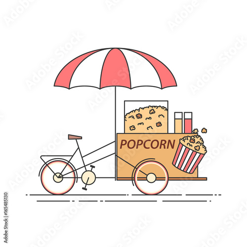 Popcorn bicycle. Cart on wheels. Food and drink kiosk . Vector illustration. Flat line art.