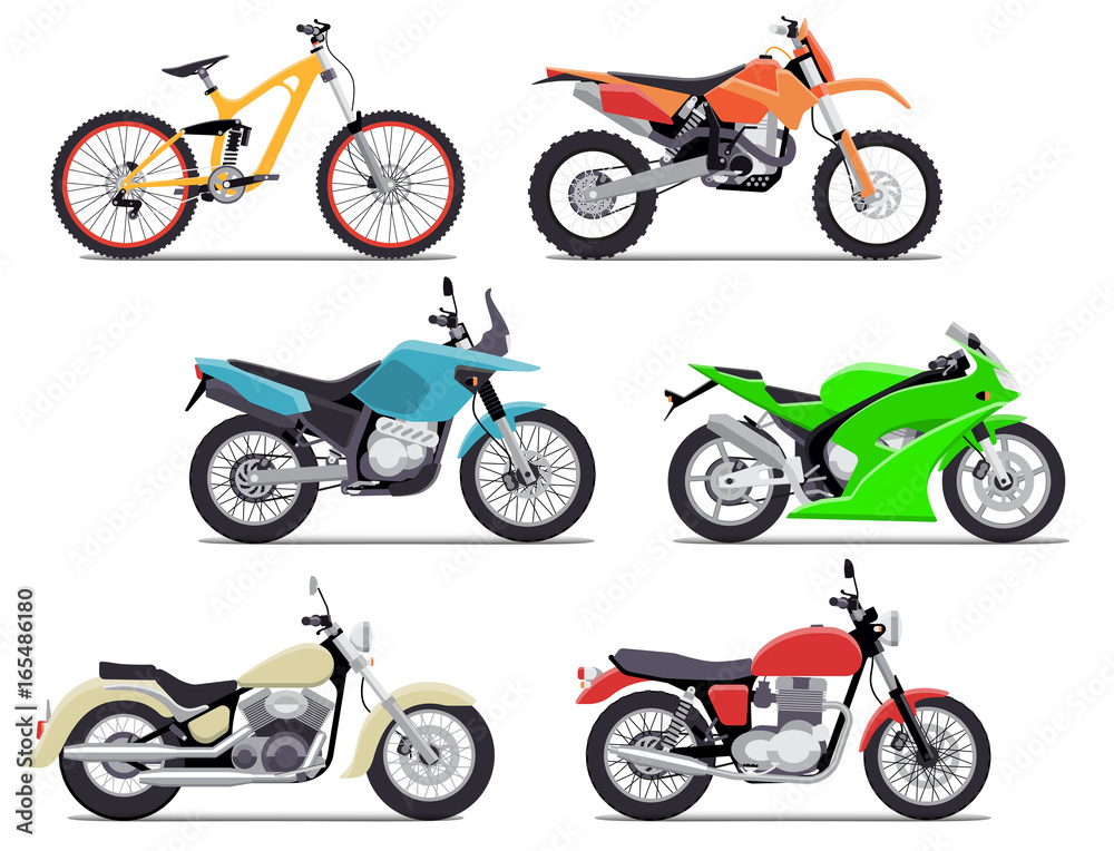 Fototapeta premium Bike and motorbike flat vector illustration set. Flat vector illustration. Isolation on white background