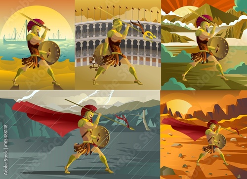 gladiator, greece trojan warrior and spartan soldiers scenes