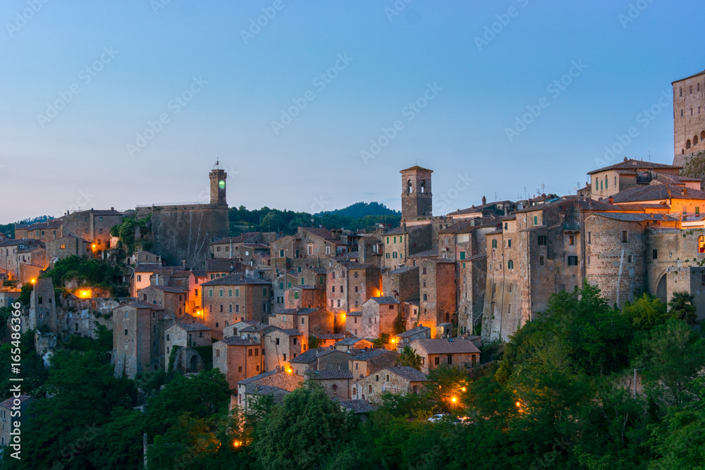 Evening view of Sorano, Tuscany, Italy
