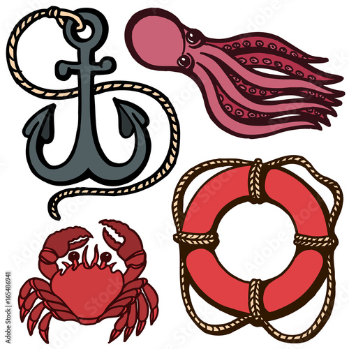 Ship s anchor, lifebuoy and marine animals. Marine set. Isolation objects. Vector illustrations