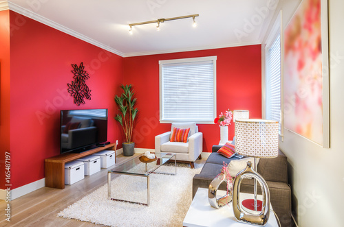Modern red living room. Interior design.