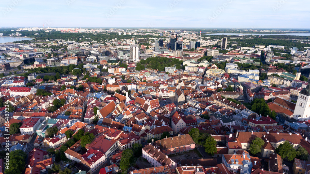 Aerial view at the passengers and cargo ports of Tallinn in Gulf of Finland, Estonia. The Old town with fortress and parks