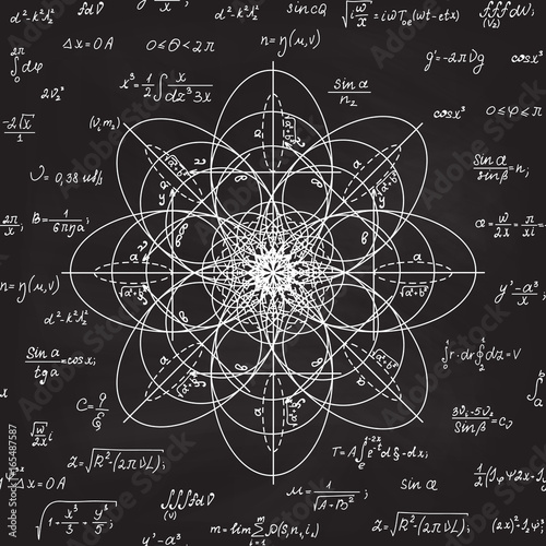 Scientific math vector seamless pattern with physical and mathematical formulas, calculations, equations. Handwritten geometry figures on grey chalkboard background