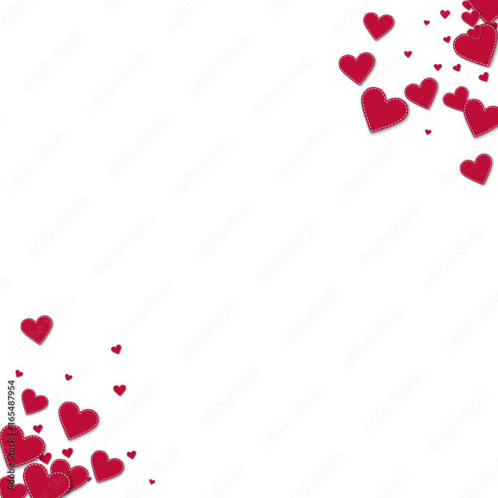 Red stitched paper hearts. Circular corners on white background. Vector illustration.