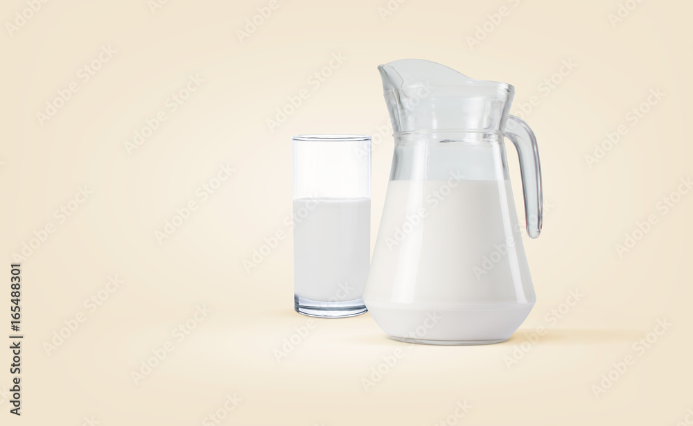 Beige background water bottle and milk in the glass Beige background water bottle and milk in the glass