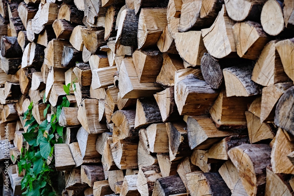 Pile of chopped firewood logs. Prepared for winter heating season Pile of chopped firewood logs. Prepared for winter heating season