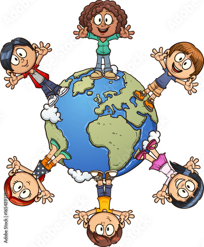Cartoon kids standing around planet earth. Vectro clip art illustration with simple gradients. Each on a separate layer. 