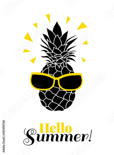 Hello Summer! Vector pineapple wearing colorful sunglasses on summer vacation...